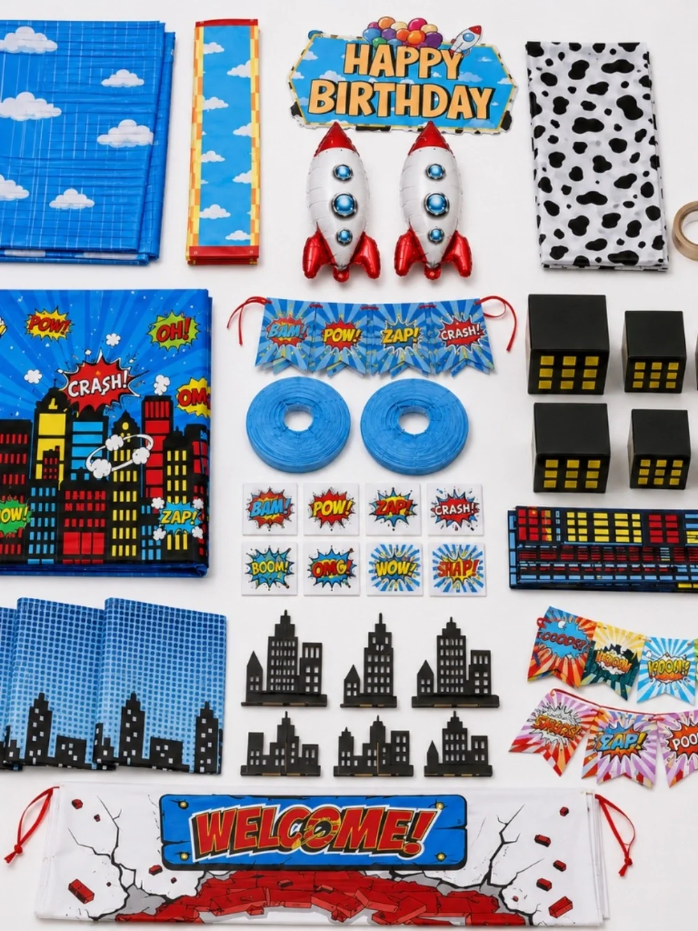 Toy Cartoon Superhero Birthday Decor 4-Set Bundle Backdrops Boxes New